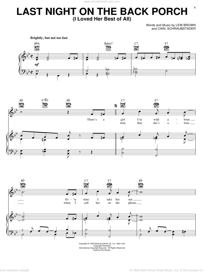 Last Night On The Back Porch (I Loved Her Best Of All) sheet music for voice, piano or guitar by Lew Brown and Carl Schraubstader, intermediate skill level
