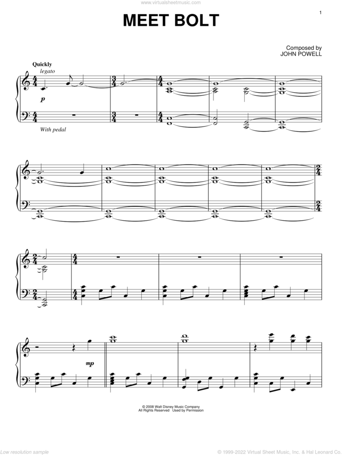 Meet Bolt sheet music for piano solo by John Powell and Bolt (Movie), intermediate skill level