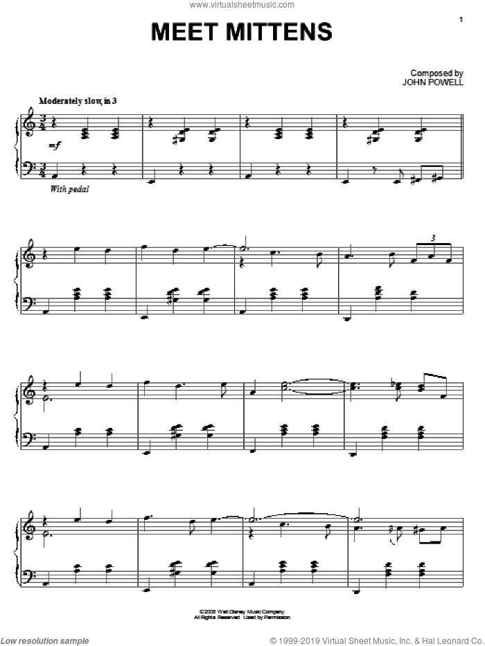 Meet Mittens sheet music for piano solo by John Powell and Bolt (Movie), intermediate skill level