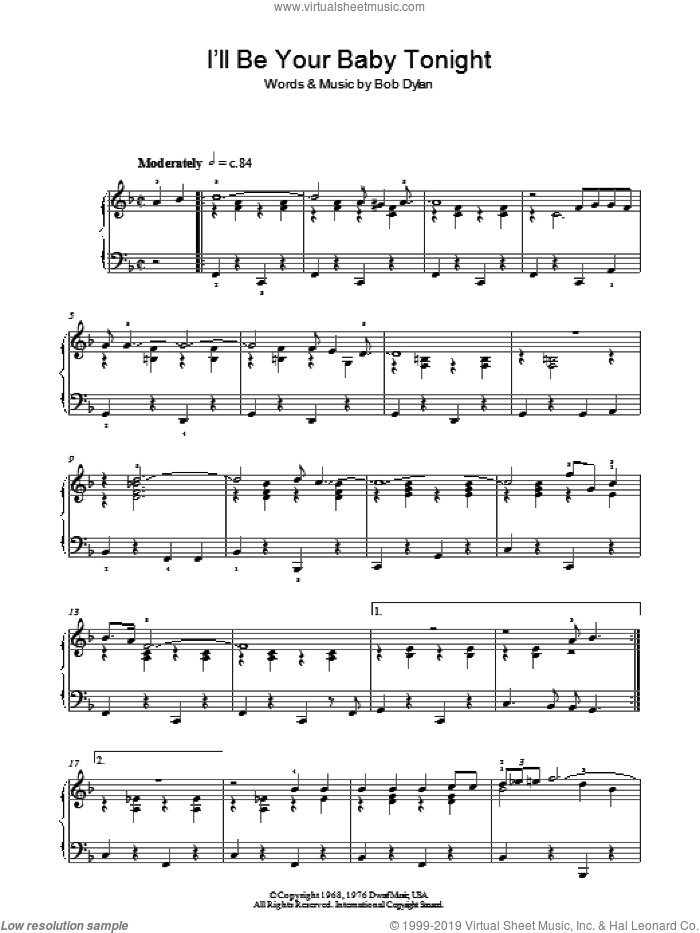 I'll Be Your Baby Tonight sheet music for piano solo by Bob Dylan, intermediate skill level