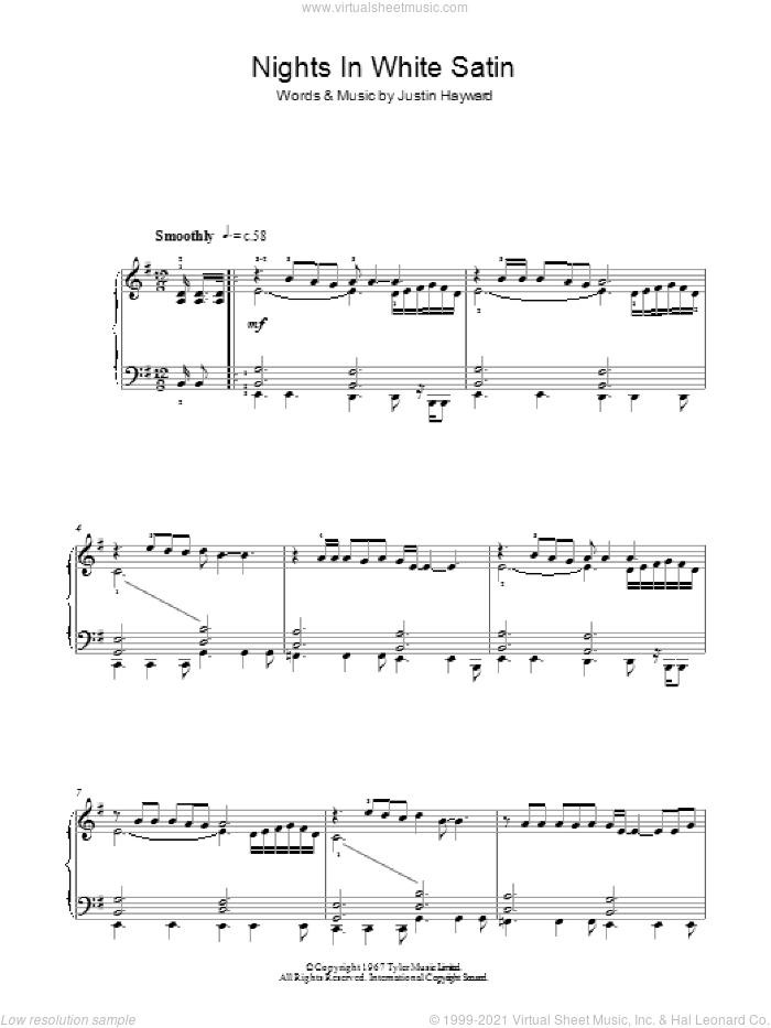 Nights In White Satin sheet music for piano solo by The Moody Blues and Justin Hayward, intermediate skill level