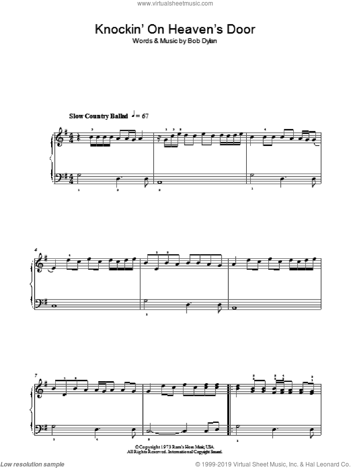 Knockin' On Heaven's Door sheet music for piano solo by Bob Dylan, easy skill level