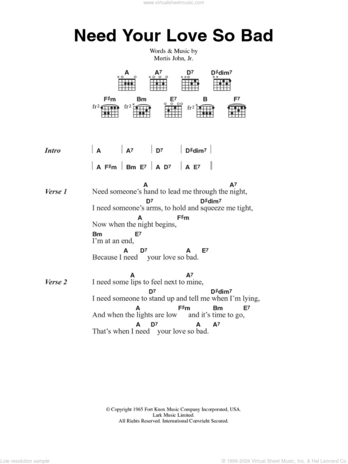 Need Your Love So Bad sheet music for guitar (chords) by Fleetwood Mac and Mertis John Jr., intermediate skill level