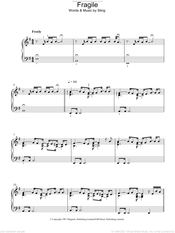 Fragile sheet music for piano solo by Sting, intermediate skill level