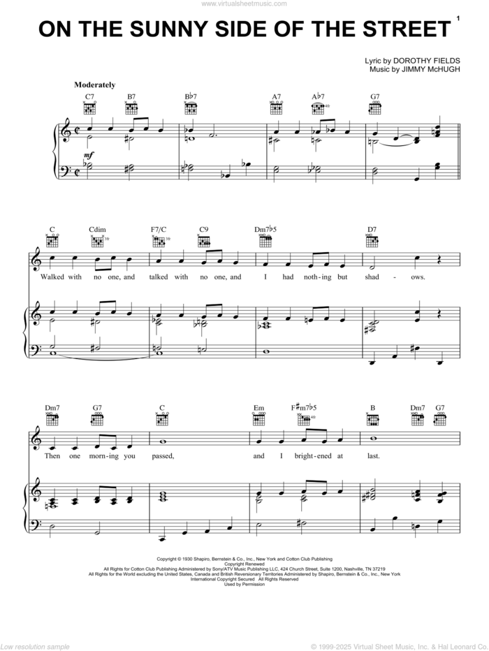 On The Sunny Side Of The Street sheet music for voice, piano or guitar by Dorothy Fields, Frank Sinatra, Louis Armstrong and Jimmy McHugh, intermediate skill level