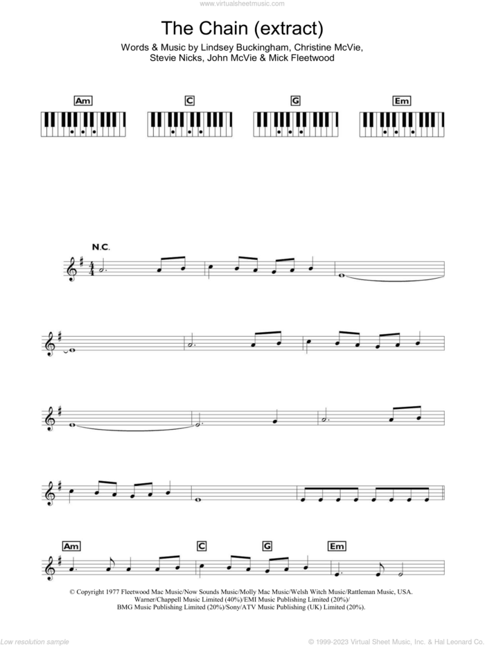 The Chain sheet music for voice and other instruments (fake book) by Fleetwood Mac, Christine McVie, John McVie, Lindsey Buckingham, Mick Fleetwood and Stevie Nicks, intermediate skill level