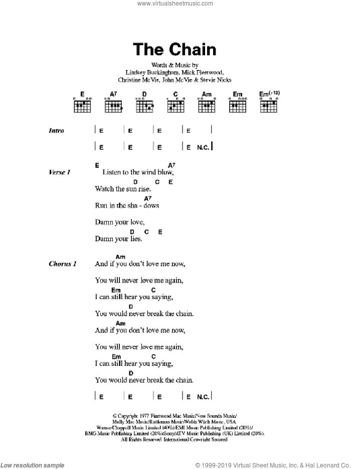 The Chain sheet music for guitar (chords) by Fleetwood Mac, Christine McVie, John McVie, Lindsey Buckingham, Mick Fleetwood and Stevie Nicks, intermediate skill level