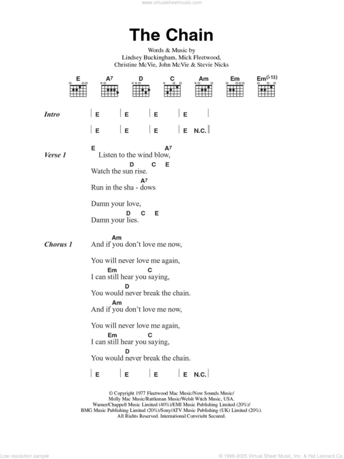 The Chain sheet music for guitar (chords) by Fleetwood Mac, Christine McVie, John McVie, Lindsey Buckingham, Mick Fleetwood and Stevie Nicks, intermediate skill level