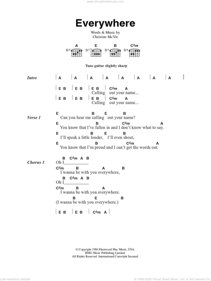 Everywhere sheet music for guitar (chords) by Fleetwood Mac and Christine McVie, intermediate skill level