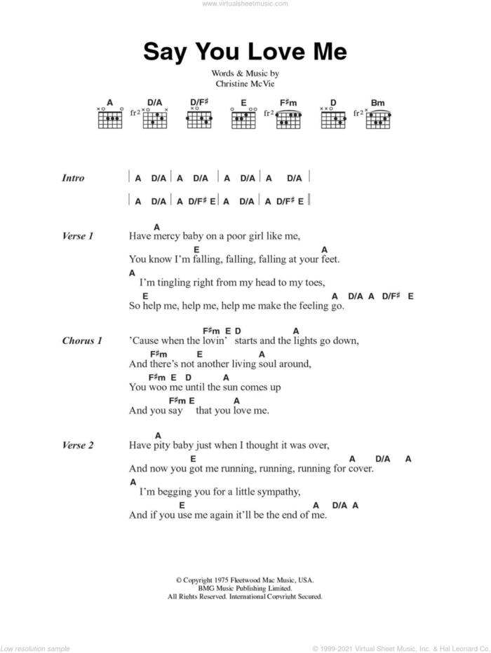 Say You Love Me sheet music for guitar (chords) by Fleetwood Mac and Christine McVie, intermediate skill level