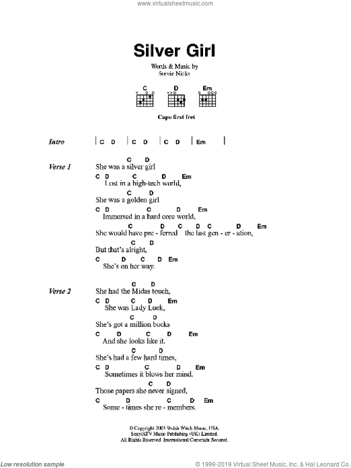 Silver Girl sheet music for guitar (chords) by Fleetwood Mac and Stevie Nicks, intermediate skill level