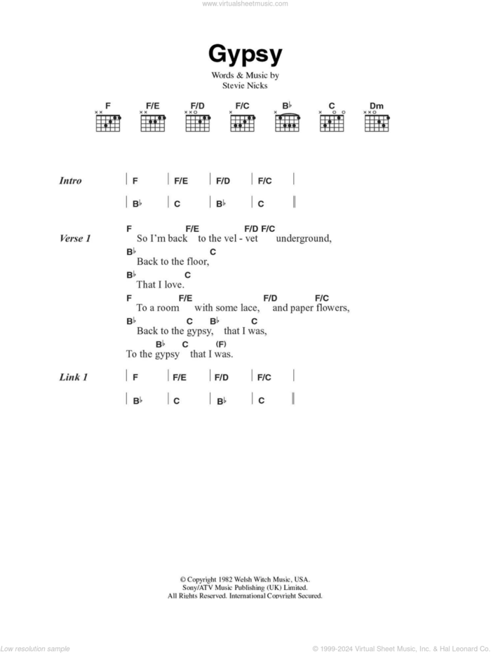 Gypsy sheet music for guitar (chords) by Fleetwood Mac and Stevie Nicks, intermediate skill level