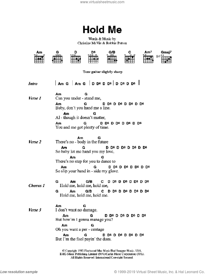 Hold Me sheet music for guitar (chords) by Fleetwood Mac, Christine McVie and Robbie Patton, intermediate skill level