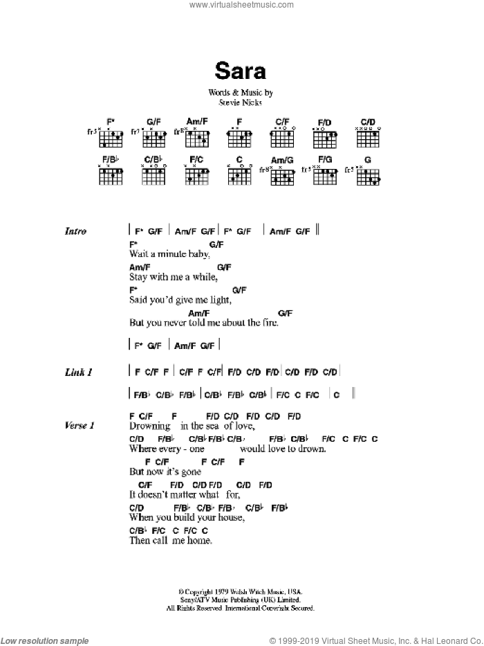 Sara sheet music for guitar (chords) by Fleetwood Mac and Stevie Nicks, intermediate skill level