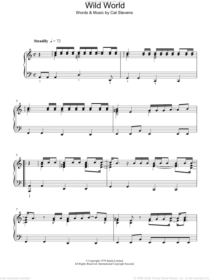 Wild World, (intermediate) sheet music for piano solo by Cat Stevens, intermediate skill level