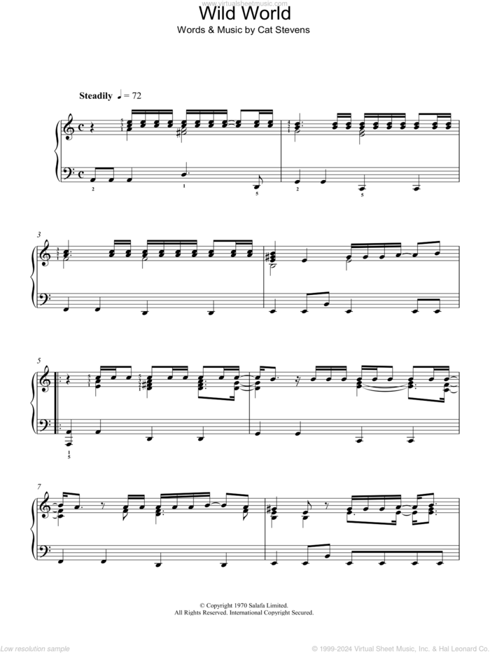 Wild World sheet music for piano solo by Cat Stevens, intermediate skill level