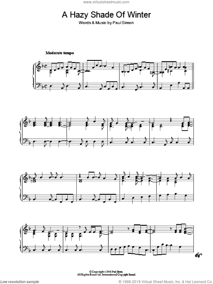 A Hazy Shade Of Winter sheet music for piano solo by Simon & Garfunkel and Paul Simon, intermediate skill level