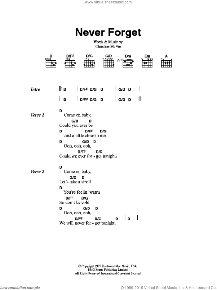 Never Forget sheet music for guitar (chords) by Fleetwood Mac and Christine McVie, intermediate skill level