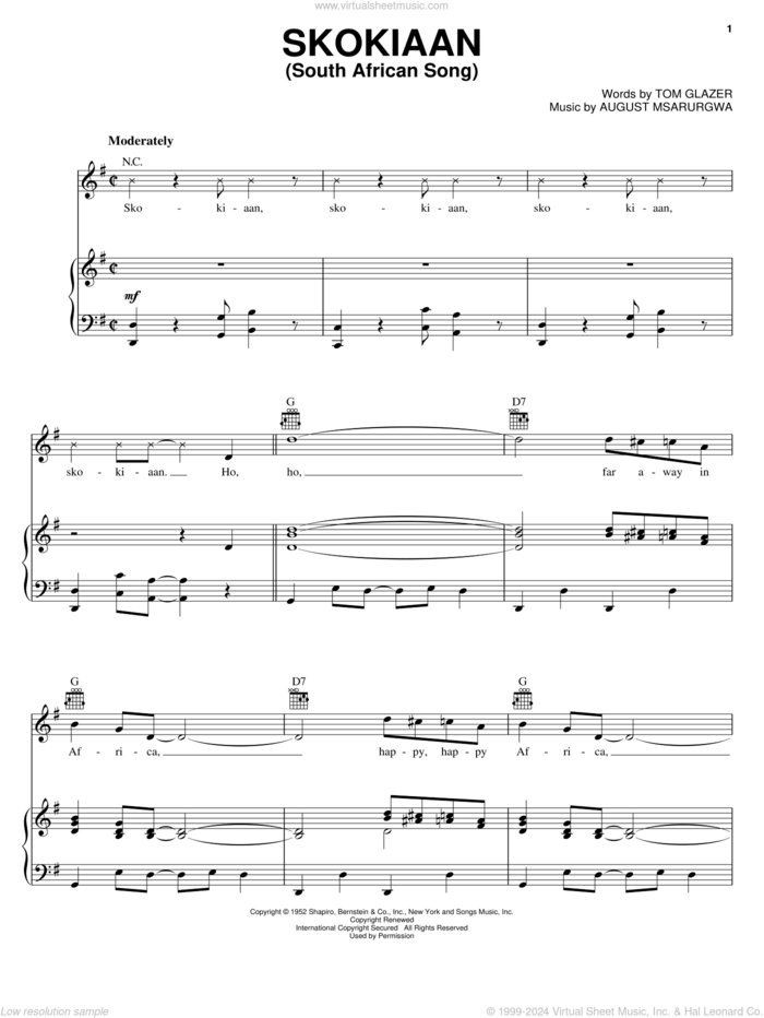 Skokiaan (South African Song) sheet music for voice, piano or guitar by Louis Armstrong, August Msarurgwa and Tom Glazer, intermediate skill level