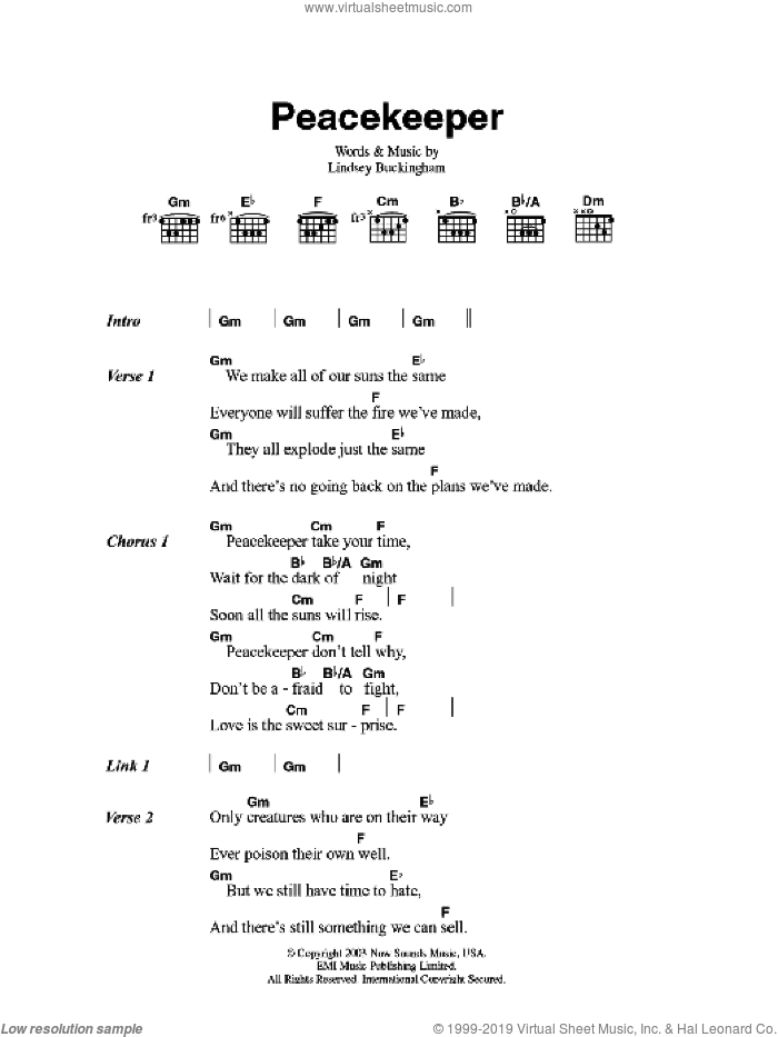 Peacekeeper sheet music for guitar (chords) by Fleetwood Mac and Lindsey Buckingham, intermediate skill level