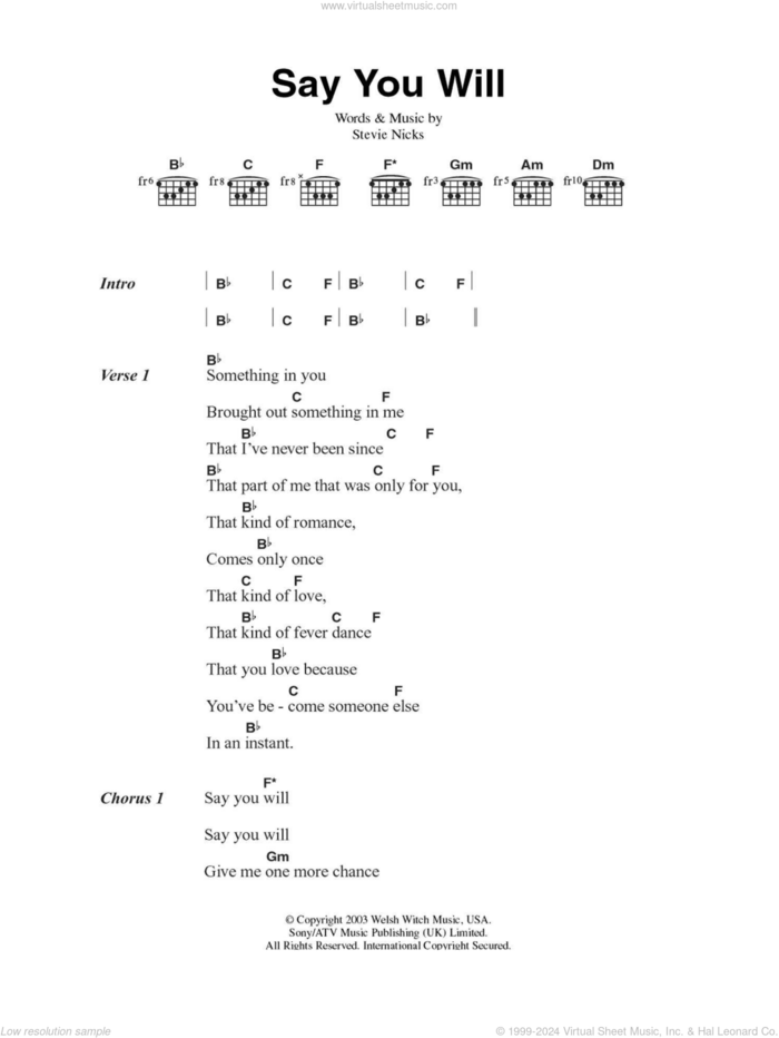 Say You Will sheet music for guitar (chords) by Fleetwood Mac and Stevie Nicks, intermediate skill level