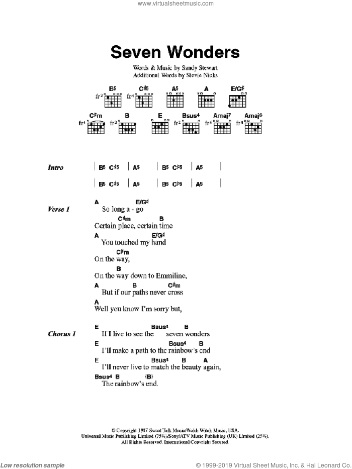 Seven Wonders sheet music for guitar (chords) by Fleetwood Mac, Sandy Stewart and Stevie Nicks, intermediate skill level