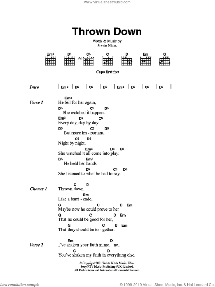 Thrown Down sheet music for guitar (chords) by Fleetwood Mac and Stevie Nicks, intermediate skill level