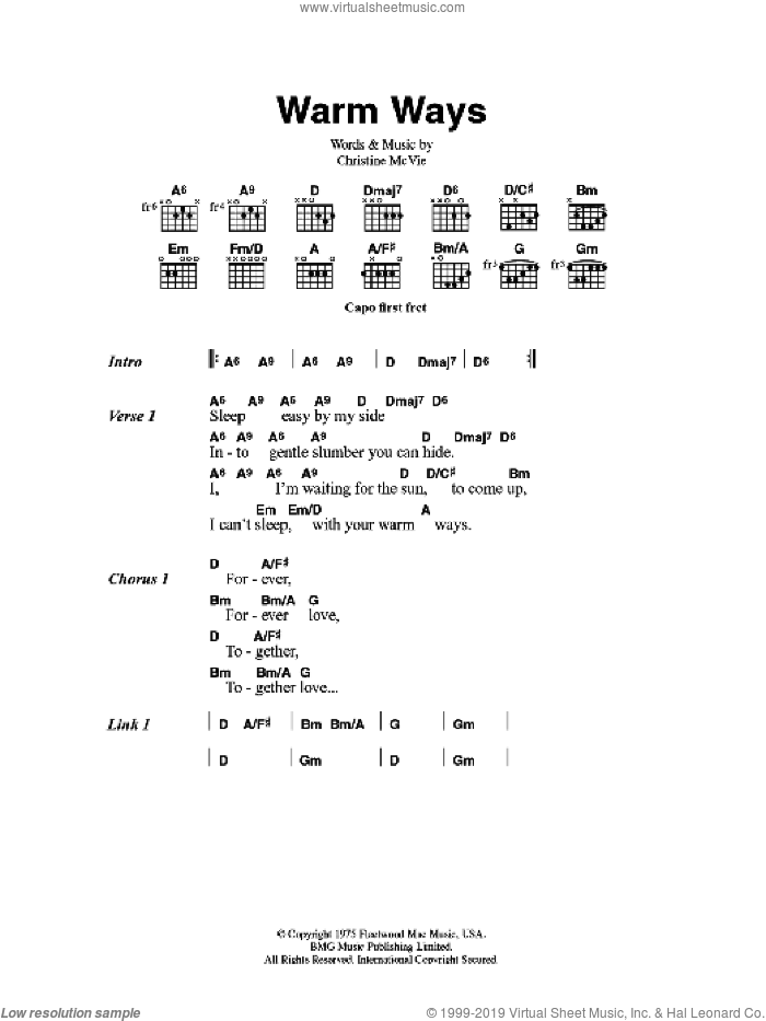 Warm Ways sheet music for guitar (chords) by Fleetwood Mac and Christine McVie, intermediate skill level