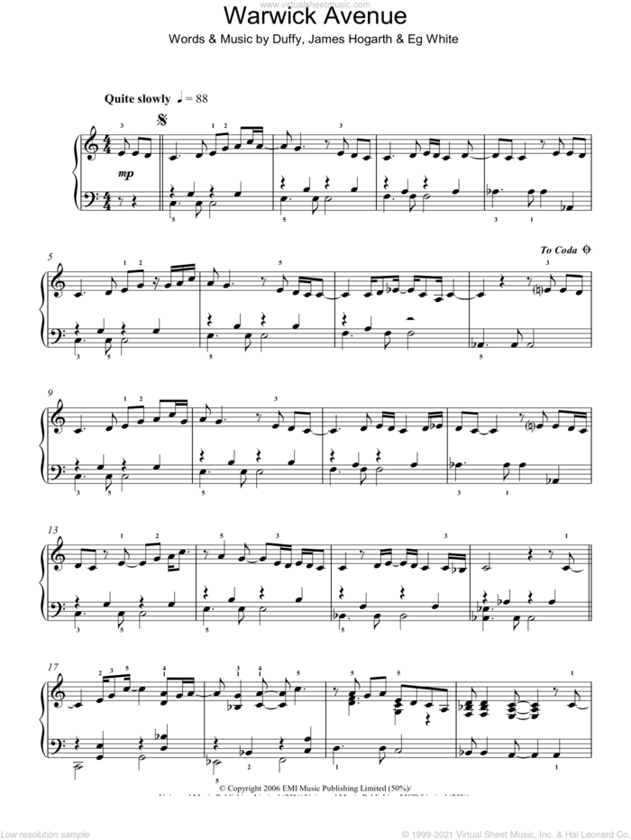 Warwick Avenue sheet music for piano solo by Duffy, Aimee Duffy, Francis White and James Hogarth, intermediate skill level