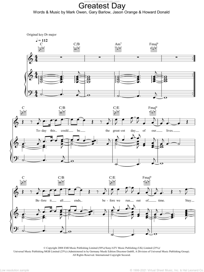 Greatest Day sheet music for voice, piano or guitar by Take That, Gary Barlow, Howard Donald, Jason Orange and Mark Owen, intermediate skill level