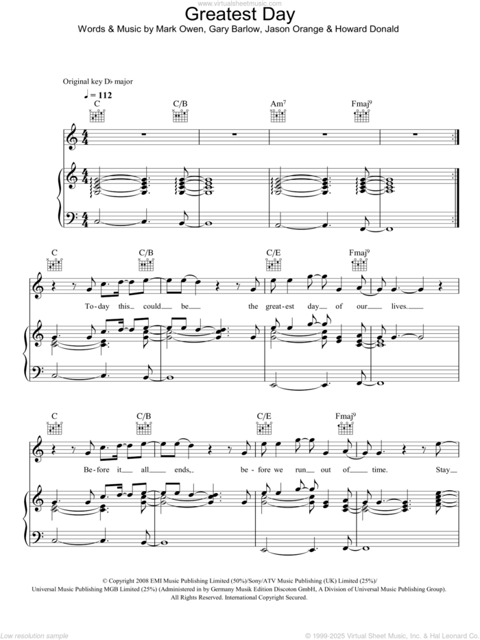 Greatest Day sheet music for voice, piano or guitar by Take That, Gary Barlow, Howard Donald, Jason Orange and Mark Owen, intermediate skill level