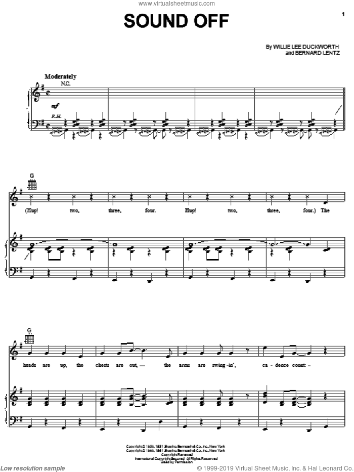 Sound Off sheet music for voice, piano or guitar by Monroe Vaughan, Bernard Lentz and Willie Lee Duckworth, intermediate skill level