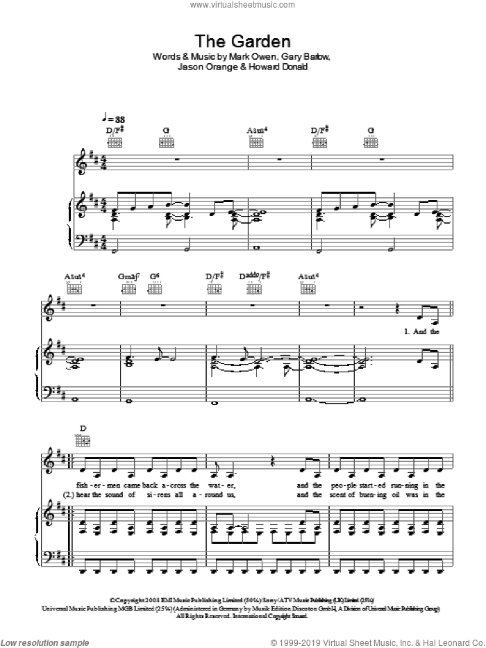 The Garden sheet music for voice, piano or guitar by Take That, Gary Barlow, Howard Donald, Jason Orange and Mark Owen, intermediate skill level