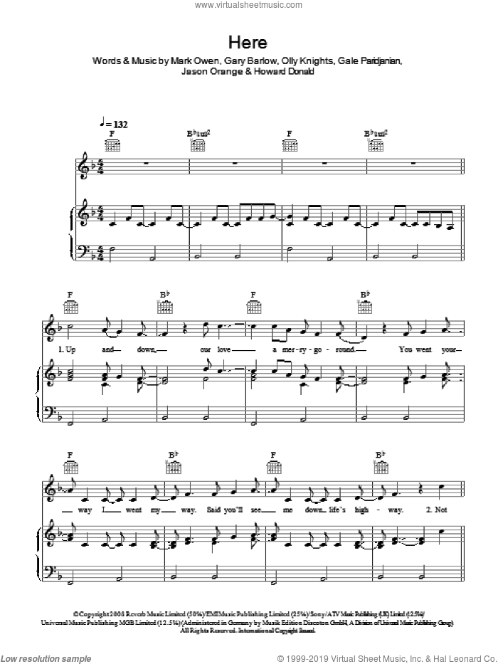 Here sheet music for voice, piano or guitar by Take That, Gale Paridjanian, Gary Barlow, Howard Donald, Jason Orange, Mark Owen and Olly Knights, intermediate skill level