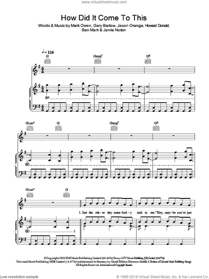 How Did It Come To This sheet music for voice, piano or guitar by Take That, Ben Mark, Gary Barlow, Howard Donald, Jamie Norton, Jason Orange and Mark Owen, intermediate skill level