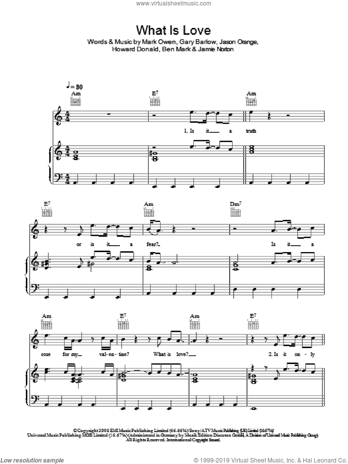 What Is Love sheet music for voice, piano or guitar by Take That, Gary Barlow, Howard Donald, Jason Orange and Mark Owen, intermediate skill level