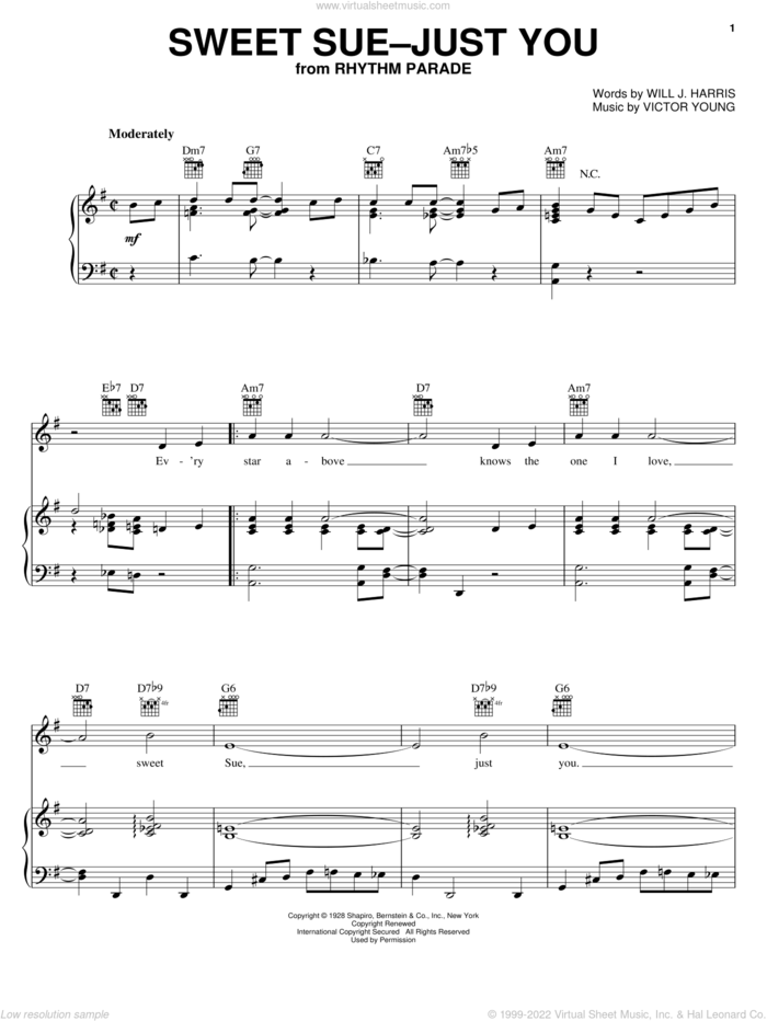 Sweet Sue-Just You sheet music for voice, piano or guitar by Django Reinhardt, Benny Goodman, Louis Armstrong, Miles Davis, Victor Young and Will J. Harris, intermediate skill level