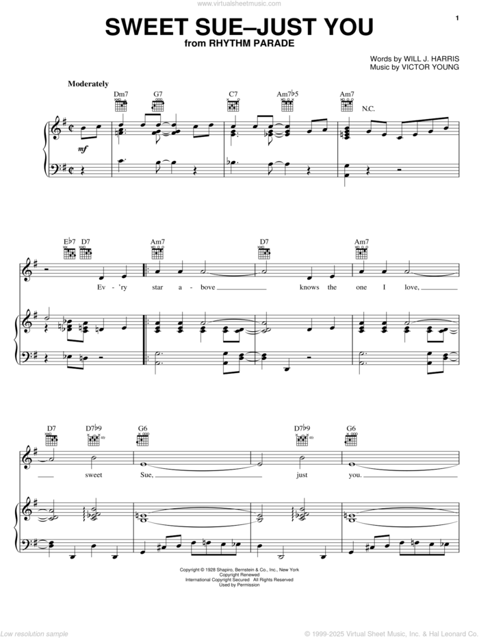 Sweet Sue-Just You sheet music for voice, piano or guitar by Django Reinhardt, Benny Goodman, Louis Armstrong, Miles Davis, Victor Young and Will J. Harris, intermediate skill level