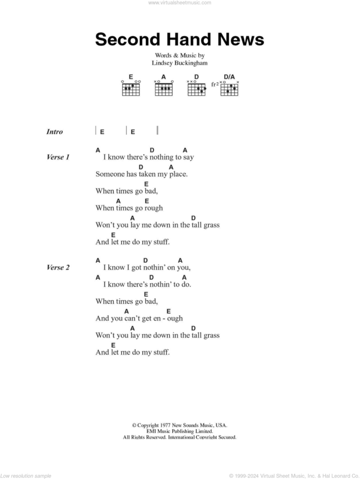 Second Hand News sheet music for guitar (chords) by Fleetwood Mac and Lindsey Buckingham, intermediate skill level