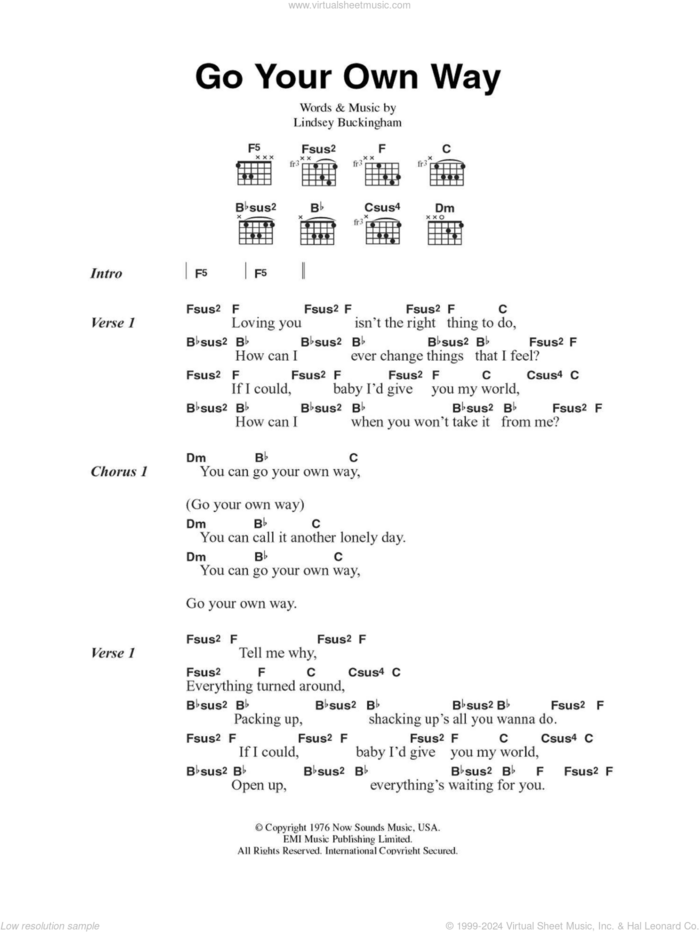 Go Your Own Way sheet music for guitar (chords) by Fleetwood Mac and Lindsey Buckingham, intermediate skill level