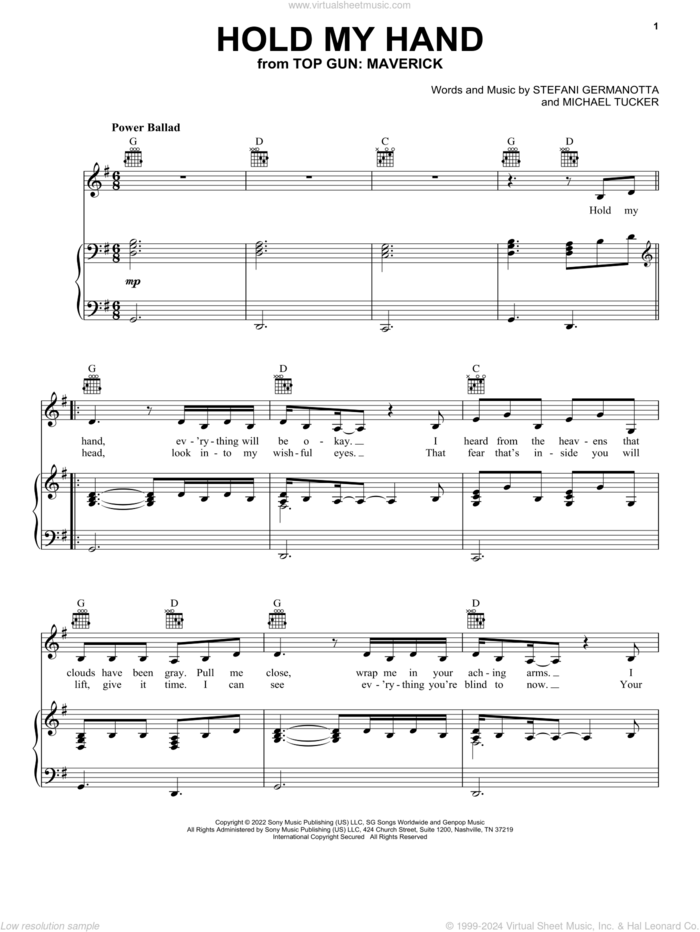 Hold My Hand (from Top Gun: Maverick) sheet music for voice, piano or guitar by Lady Gaga and Michael Tucker p/k/a BloodPop, intermediate skill level