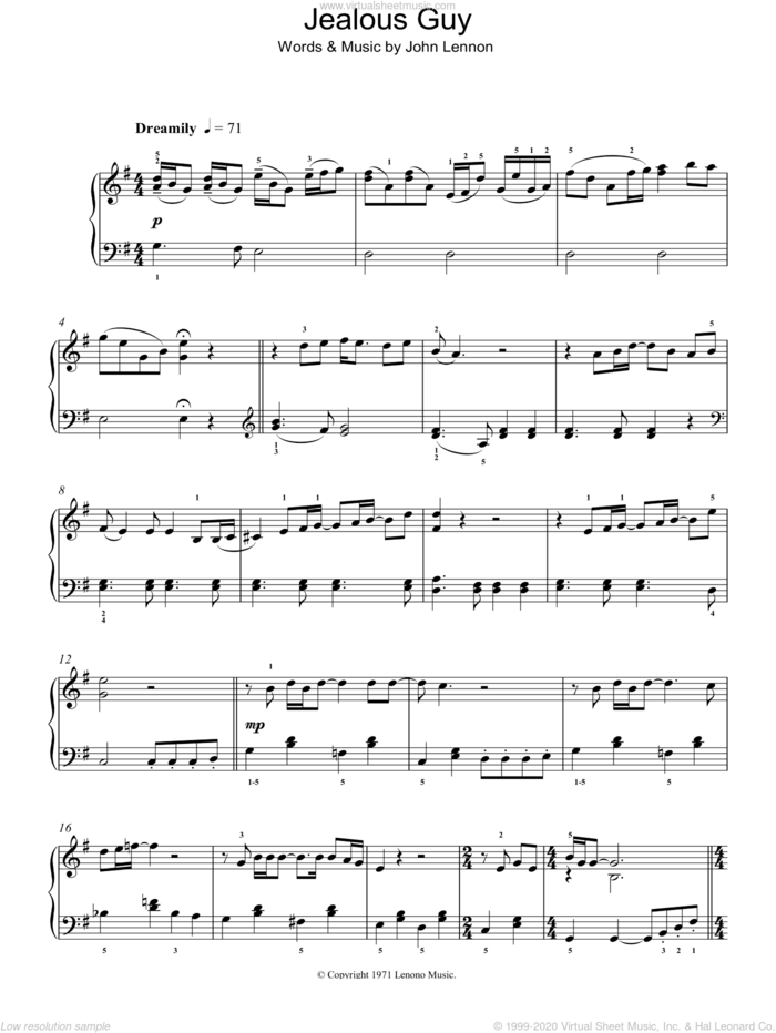 Jealous Guy, (intermediate) sheet music for piano solo by John Lennon, intermediate skill level