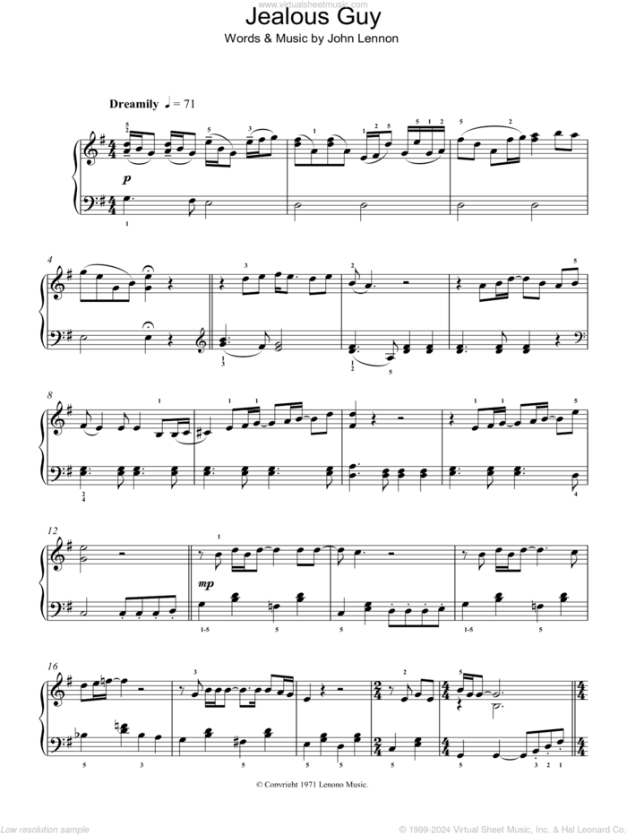 Jealous Guy, (intermediate) sheet music for piano solo by John Lennon, intermediate skill level