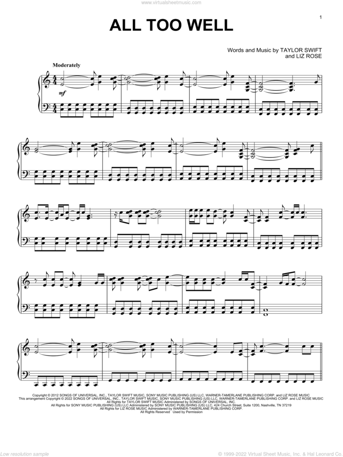 all too well sheet music for piano solo by Taylor Swift and Liz Rose, intermediate skill level