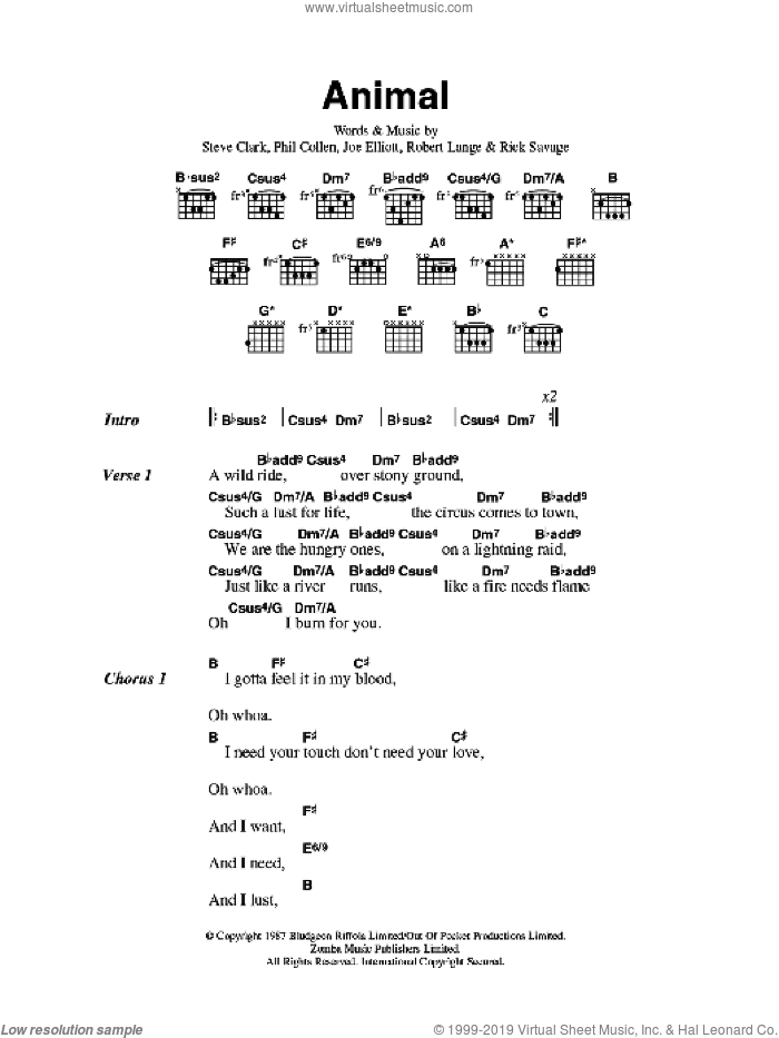 Animal sheet music for guitar (chords) by Def Leppard, Joe Elliott, Phil Collen, Rick Savage, Robert John Lange and Steve Clark, intermediate skill level