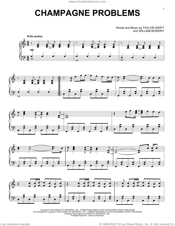 champagne problems, (intermediate) sheet music for piano solo by Taylor Swift and William Bowery, intermediate skill level