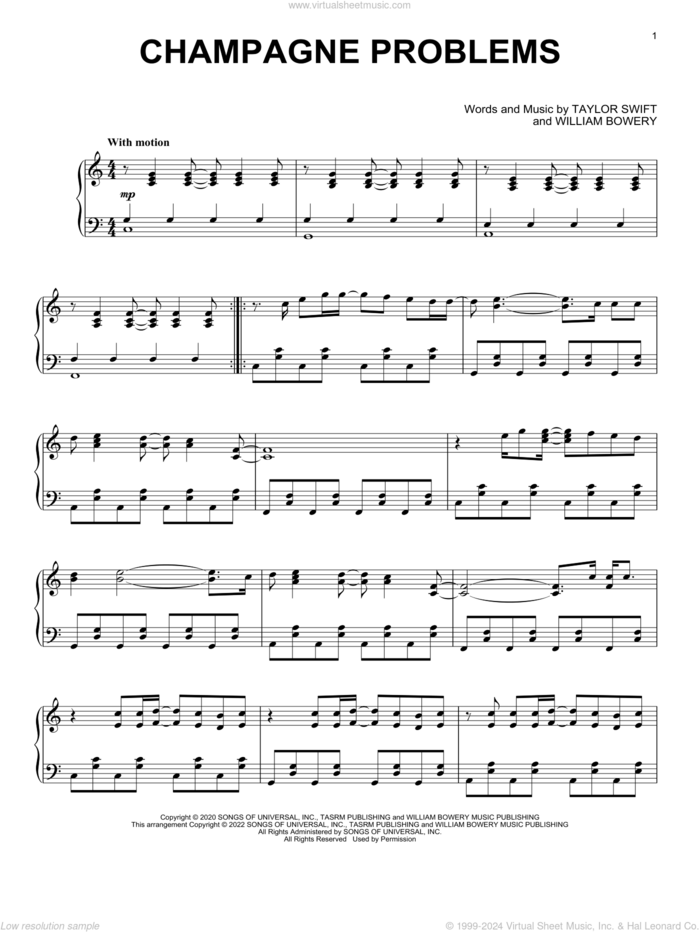 champagne problems, (intermediate) sheet music for piano solo by Taylor Swift and William Bowery, intermediate skill level