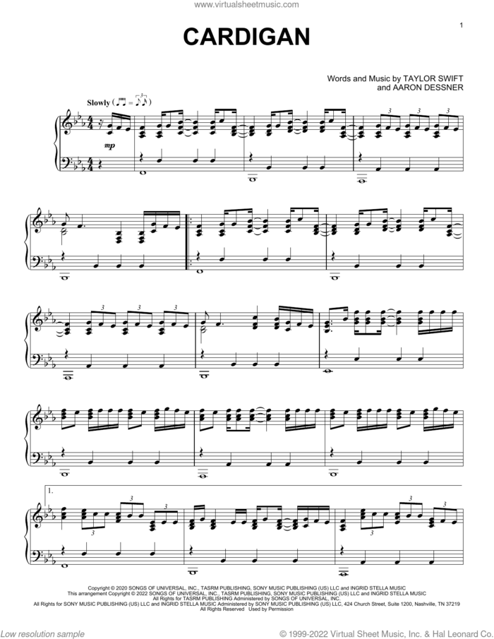 cardigan, (intermediate) sheet music for piano solo by Taylor Swift and Aaron Dessner, intermediate skill level