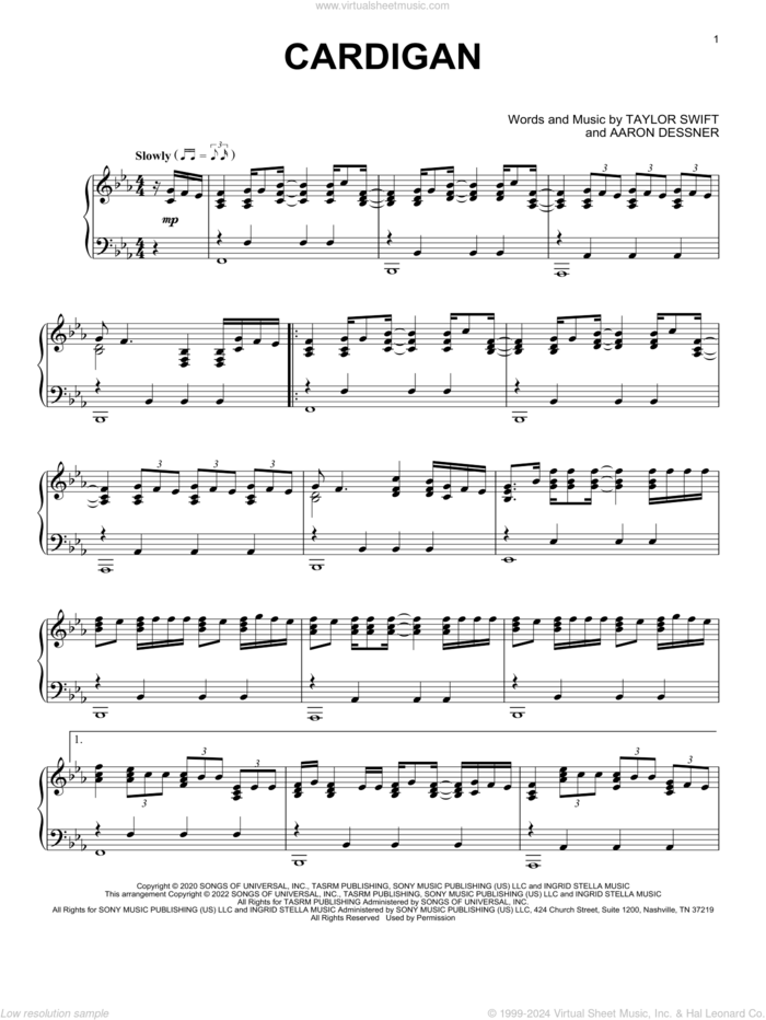 cardigan, (intermediate) sheet music for piano solo by Taylor Swift and Aaron Dessner, intermediate skill level