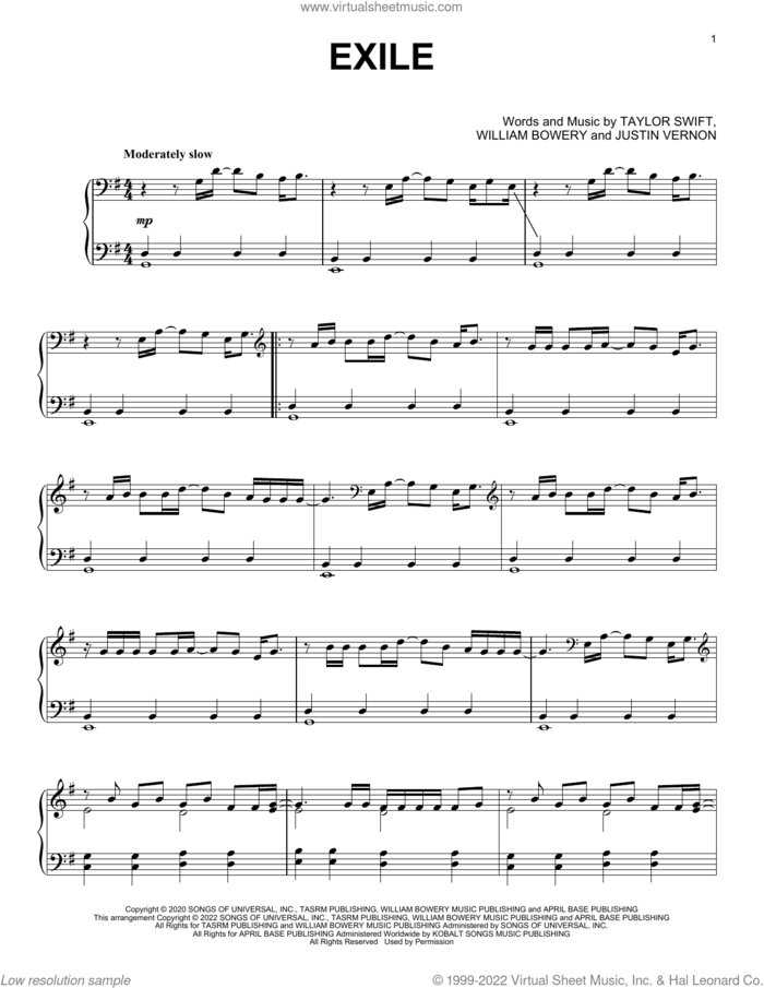 exile (feat. Bon Iver), (intermediate) sheet music for piano solo by Taylor Swift, Justin Vernon and William Bowery, intermediate skill level